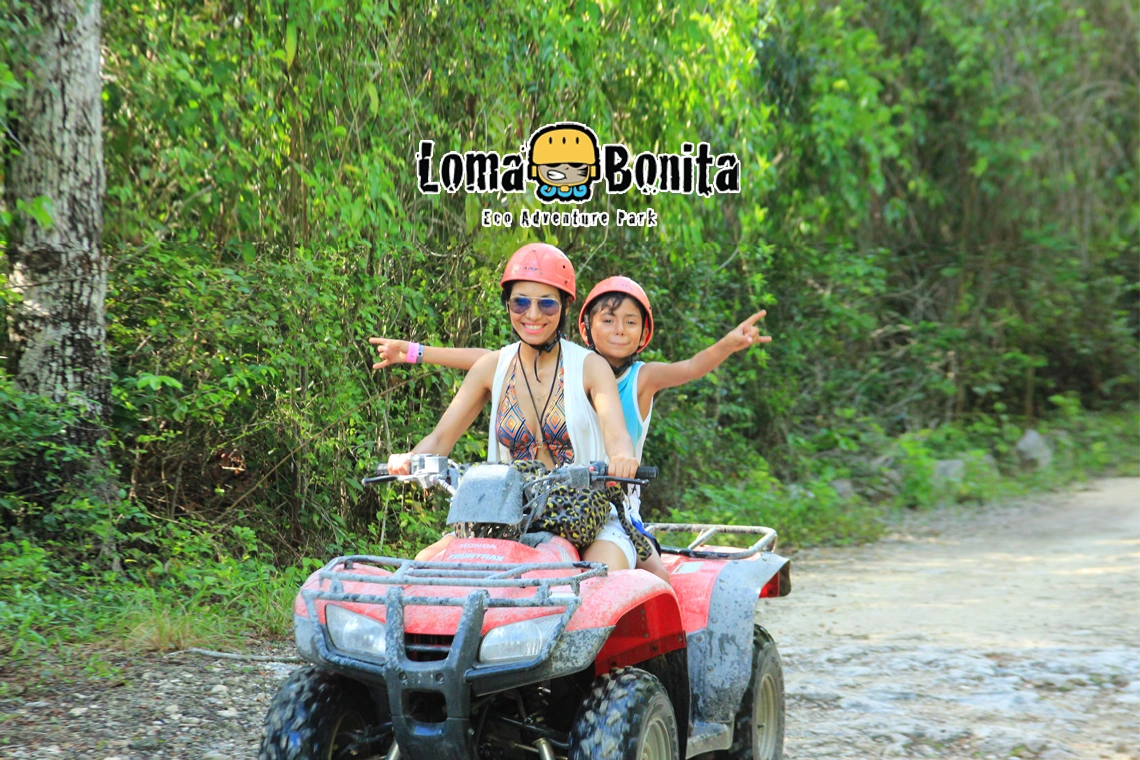 Participants enjoying extreme adventure activities at Loma Bonita Ecopark, including ziplines and ATVs